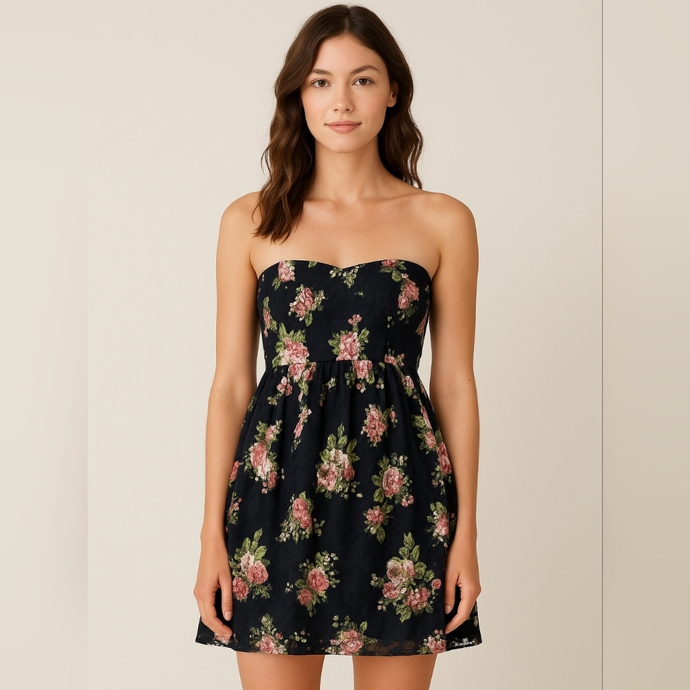 Floral Strapless Dress With Bow Tie Back